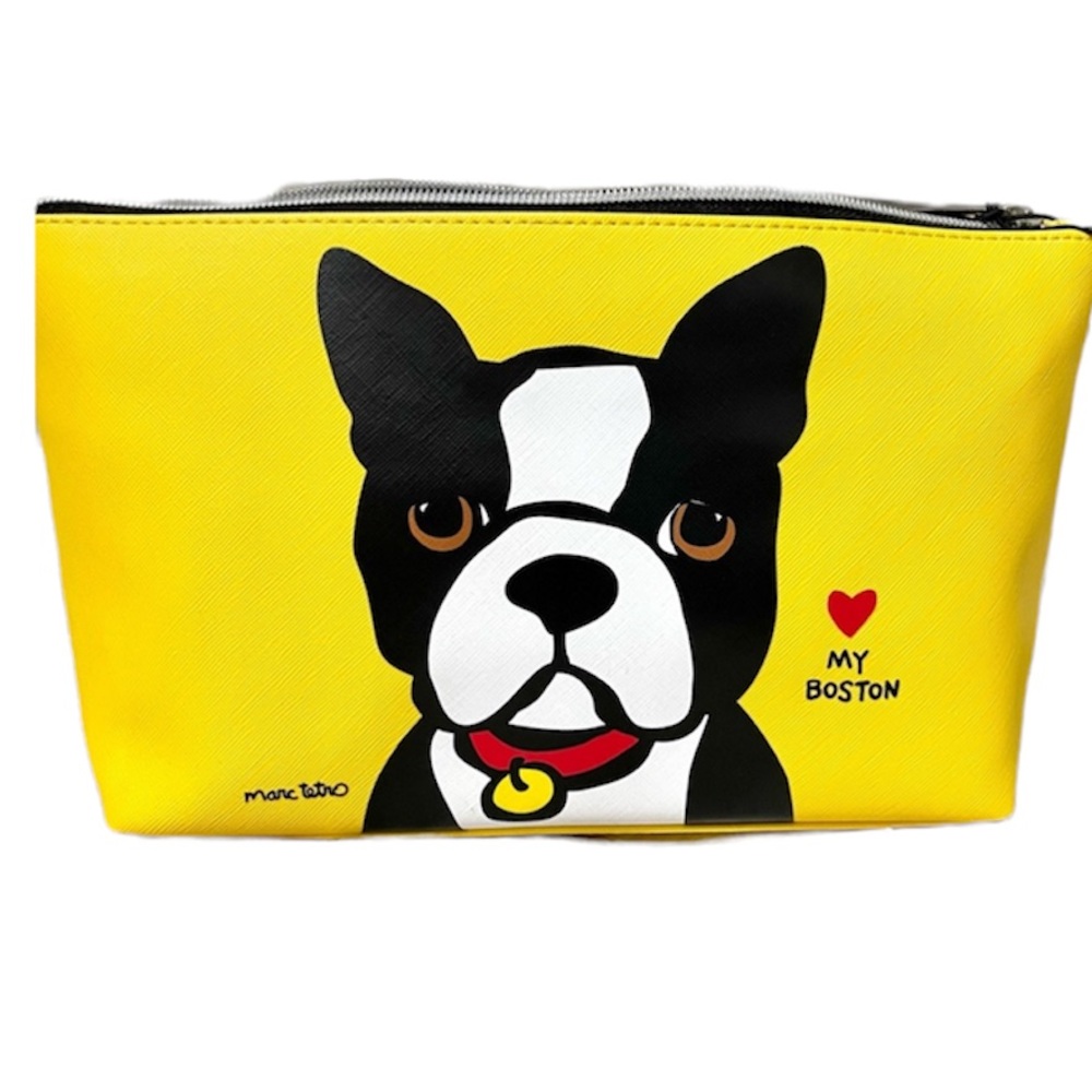 NWT Marc Tetro Boston Terrier Yellow cosmetic/makeup zipper bag.